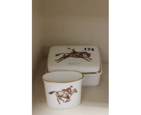 Royal Worcester Ceramic Box with Huntsman, Horse, Hound & Fox design together with a Matching Match Holder