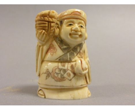 Signed ooxbone netsuke of a trader with basket