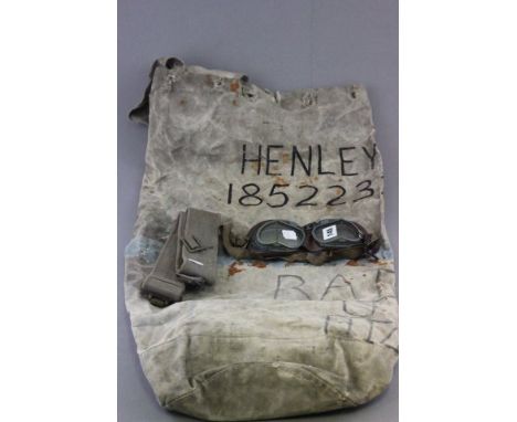 Pair of vintage RAF Aviation goggles plus a canvas bag & belt