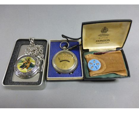 Pocket watch & chain with Alsatian picture, cased Ronson lighter and cased pocket Voltmeter