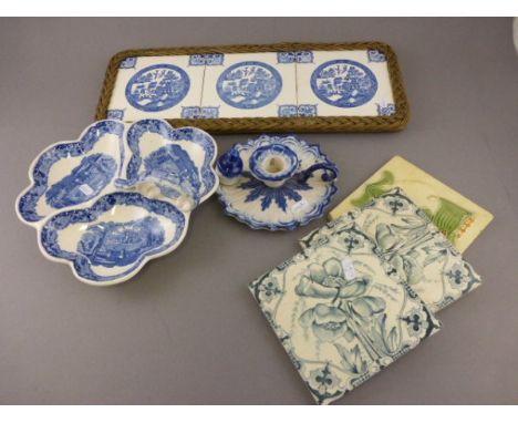 Mixed lot of ceramics including blue & white tureen meat plates, tiled stand, vase, loose tiles etc