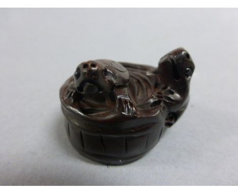 Signed wood Netsuke of a Turtle & Frog on barrel of water