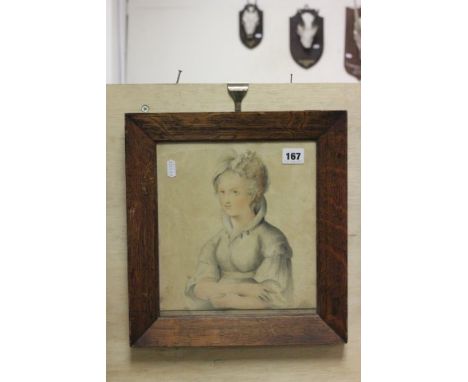 Oak framed 19th C pencil & wash portrait of a young lady