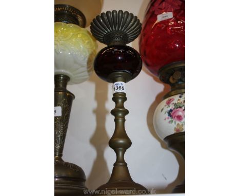 A small Brass Oil Lamp with red reservoir, marked R-5313 to the rim, 14'' tall.
