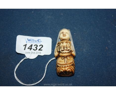A late Edo period Netsuke in the form of a snuff bottle in the shape of an actor from the Kabuki Theatre, the head and neck f
