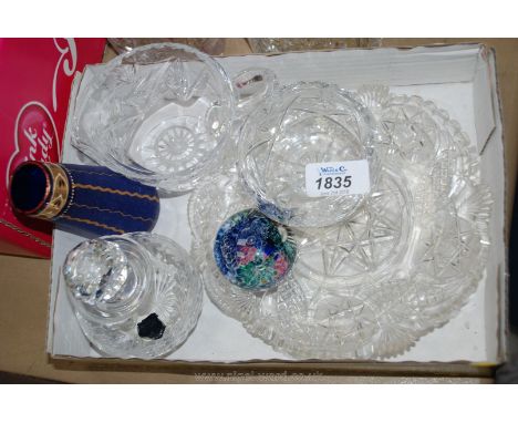 A quantity of glass including Stuart crystal bottle with stopper, blue glass vase, paperweight, etc