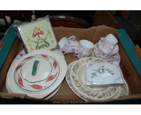 Three Susie Cooper dishes, an Art Nouveau Minton tile pot stand, Wedgwood Kingfisher Card Box, etc.