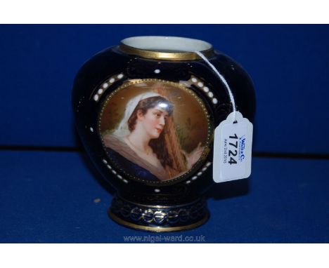 A Royal Vienna Vase with a portrait of a lady on cobalt blue ground, 5 1/2" tall