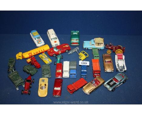 A quantity of Corgi and Matchbox cars and vans including a Corgi Walls Ice Cream Van, James Bond Car, Army Trucks, a Lesney S