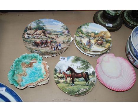 Two Wedgwood pink shell Plates, two green leaf plates and a Hackney Horse plate with eleven Royal Worcester plates