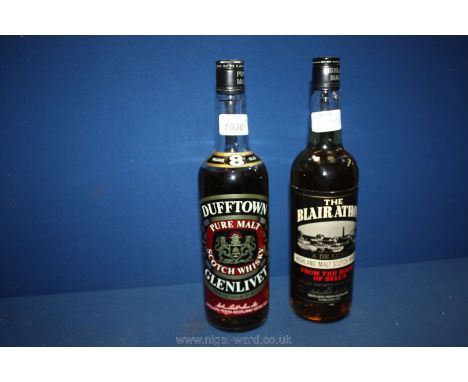 Two bottles of Malt Scotch Whisky including eight year Old Dufftown Glenlivet and The Blair Athol, both from the house of Bel