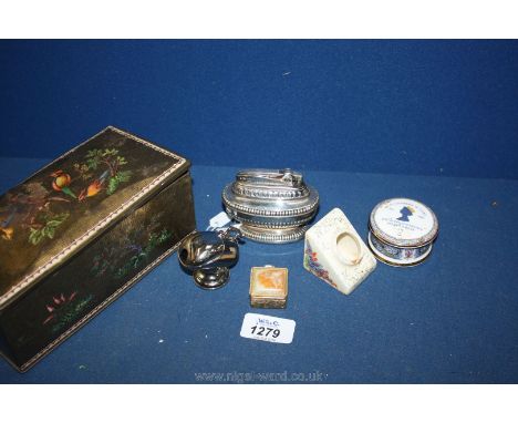 A McFalane Lang biscuit tin containing miscellanea including a lighter, etc