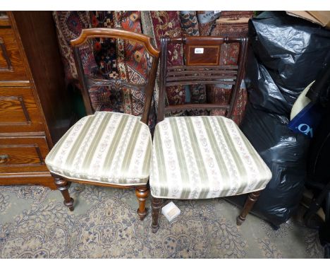 Two Victorian Mahogany Hall Chairs having inlaid single panel over four bar back, cream and green regency style seats, standi