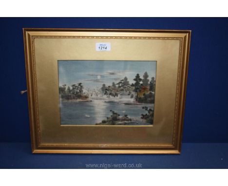 An antique Japanese embroidered panel depicting a pagoda and lake
