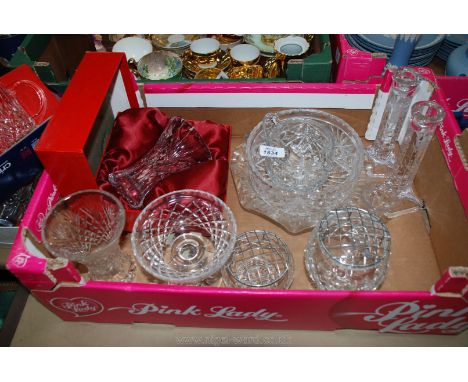 A quantity of cut glass Vases, candlesticks, bonbon dish, lemonade jug, trifle bowl and a boxed Royal Brierley crystal Vase