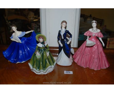 Four china figurines to include Royal Doulton 'Elaine', Royal Worcester 'Queen Elizabeth', 'The Queen Mother' (a/f), a Coalpo