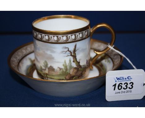 A very attractive Dihl porcelain cup and saucer painted with landscape scenes, the saucer in the form of a trompe l'oeil pano