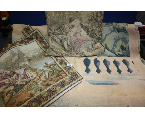 Two tapestry Cushions and a French wall hanging