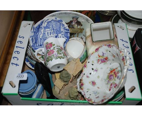 A quantity of china including Royal Worcester cup and saucer, ashtrays, Wedgwood jasper ware pot, David Winter cottage 'Toll 