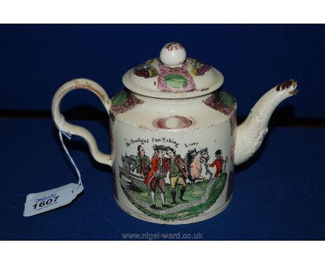 An 18th c. William Greatbatch hand painted Creamware Teapot, with two scenes ''The Prodigal Son receives his Patrimony'' and 