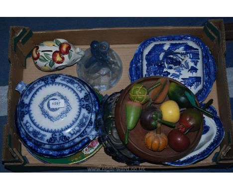 A quantity of china including Willow pattern tureen, bowls, glass lamp, etc.