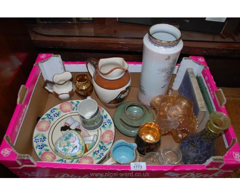 A Kyoto vase, two Quimper plates and jugs and a small quantity of studio pottery together with miscellaneous glass