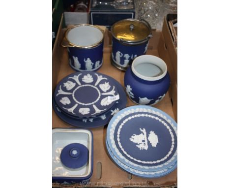 A quantity of Wedgwood china to include dark and light blue plates, an Adams Tunstall vase, Wedgwood biscuit barrel