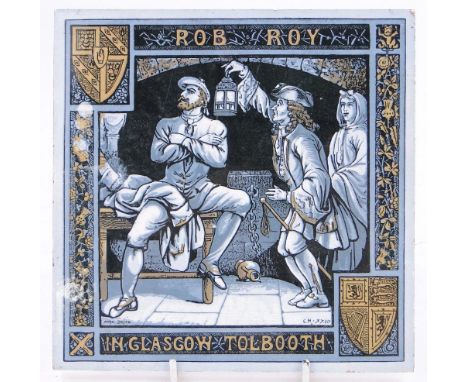 A Victorian Minton tile,
depicting Rob Roy in Glasgow toll-booth, illustration by Moir Smith, 8" across.