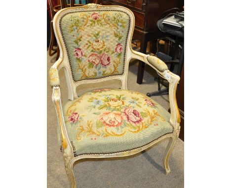 A French painted open arm bedroom chair,
with tapestry upholstery.