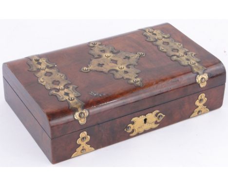 A Victorian walnut brass mounted playing cards box with cribbage board,
length 11.5".
