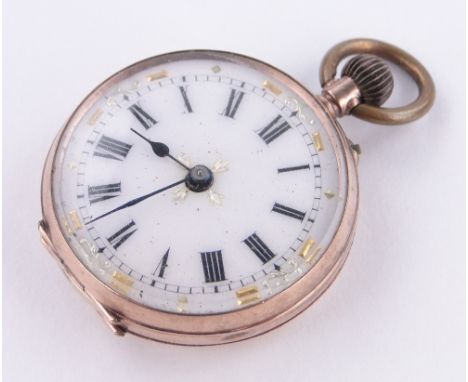 A Swiss 9ct gold cased open face fob watch,
with gilded enamel dial, case width 28mm.