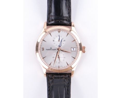 A gent's Jaeger leCoultre chronograph wristwatch,
18ct gold case with twin secondary dials and date, automatic movement, seri