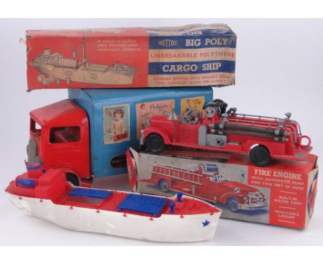 A Vintage Triang tinplate transport van No. 200,
length 18", a Mettoy Big Poly cargo ship and a boxed Mettoy fire engine, (3)