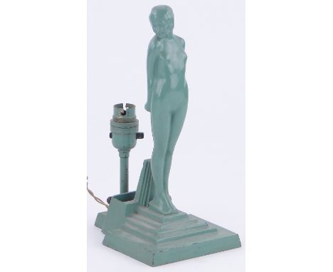 Art Deco green painted metal naked dancer figure design table lamp,
on stepped plinth, lacking shade, height 10".