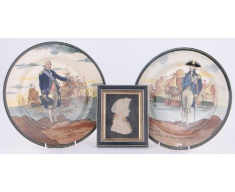 A wax relief portrait of Lord Nelson by Leslie Ray of London,
modern frame, overall height 6", together with 2 Doulton plates