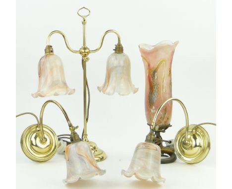 Art Glass light fittings,
comprising a table lamp with Murano coloured glass shade, height 17", a brass twin branch table lam