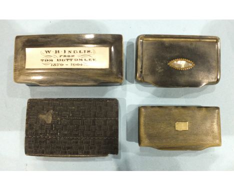 A horn snuff box with inset plaque, W H Inglis from Tom Bottomley 1879-1904, (damaged) and three others.