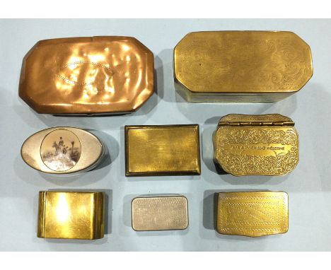A small brass box with engraved decoration, 114 x 50mm, a copper box, four small brass snuff boxes and two white metal boxes,