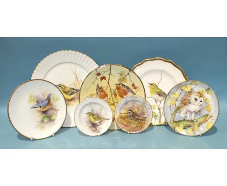 A collection of Dunheved bone china plates painted with birds, including 'Robins', 'Nuthatch', 'Barn Owl' and 'Yellow Wagtail