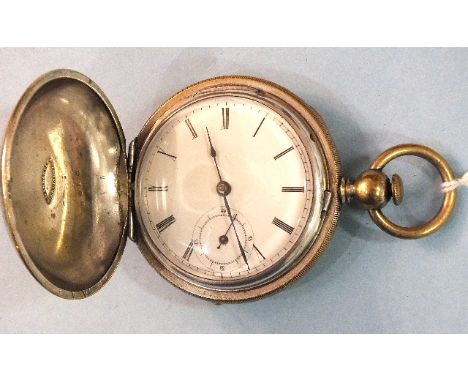 An American Excelsior Watch Co. plated hunter-cased pocket watch, the white enamel dial with Roman numerals and seconds subsi