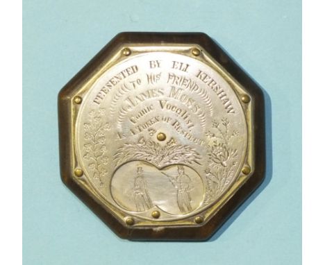 An octagonal white metal mounted snuff box engraved Presented by Eli Kershaw to his friend James Moss, Comic Vocalist as a to