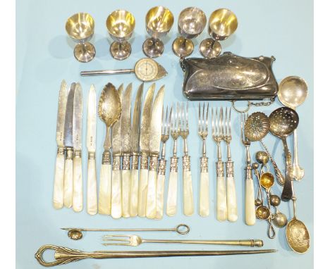 Five Michael Borg miniature silver goblets, 7cm high, a silver pickle fork, Chester 1898, a Pilgrim Fathers silver commemorat