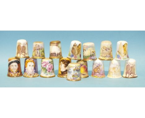 A collection of fifteen Dunheved bone china thimbles, including: George IV, Henry VIII, Queen Elizabeth I, roses and forget-m