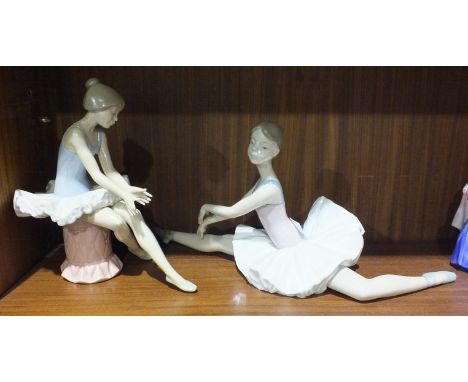 A Nao figurine of a ballerina, 19cm high, 37cm long and another Nao figure, (2).