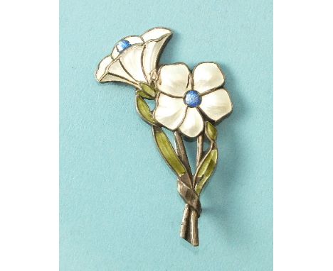 An enamelled silver brooch of floral design, by Ivar Holth, marked 925S and with a circled H, (enamel damaged), 67mm long.