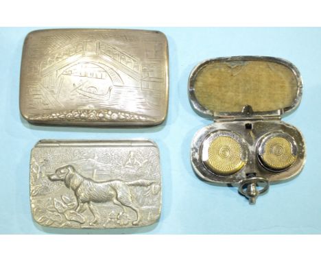 A Continental 800 silver snuff box engraved with a view of the Rialto Bridge, 76 x 51mm, a Cornish Pewter snuff box and a sov