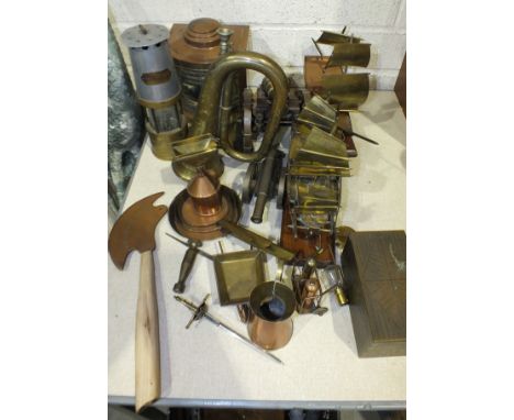 A ship's copper lamp, a military issue brass cornet by Mayers &amp; Harrison Ltd, a miner's lamp and other metalware.