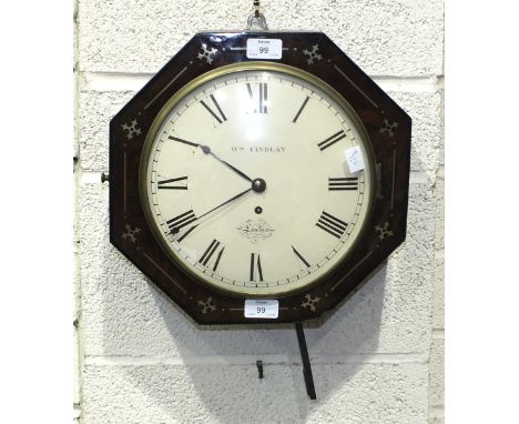 A good-quality early-19th century octagonal mahogany wall clock, the case inlaid with brass, the slightly-convex white dial s