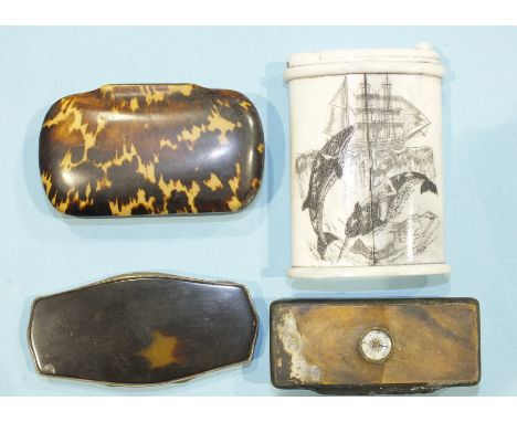 An Austrian silver mounted tortoiseshell snuff box and three other snuff boxes, (4).