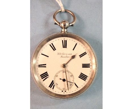 A J W Benson silver-cased open face pocket watch, the white enamel dial with Roman numerals and seconds subsidiary, the silve